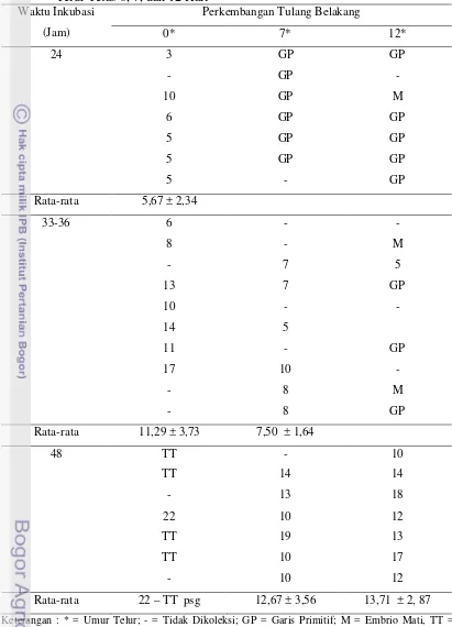 Tabel 14. Perkembangan Tulang Belakang (Somite) Embrio Ayam Arab pada Umur Telur Tetas 0, 7, dan 12 Hari 