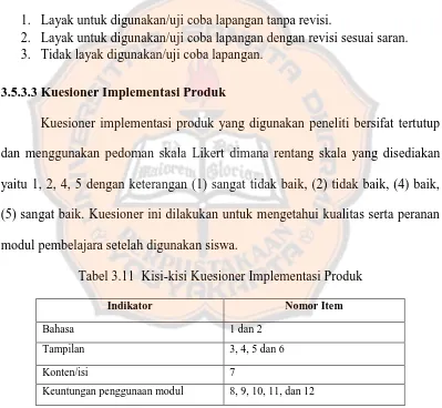 Tabel 3.11  Kisi-kisi Kuesioner Implementasi Produk 