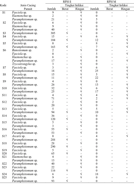 Tabel 4.2. Jumlah dan Tingkat Infeksi Cacing Parasit Pada Hewan Ternak Sapi di Rumah Potong Hewan Siantar dan Medan  RPH S 