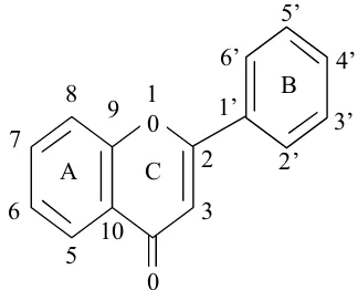 Gambar 1. Kerangka dasar flavonoid beserta penomorannya (Markham, 1988) 