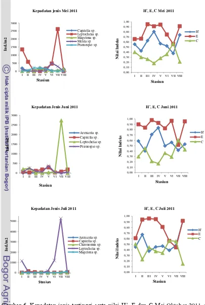 Gambar 6. Kepadatan jenis tertinggi serta nilai H’, E dan C Mei-Oktober 2011 di 