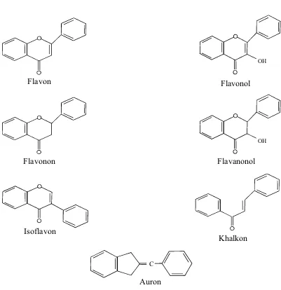Gambar 3. Kerangka dari tipe-tipe flavonoid (Markham, 1988) 