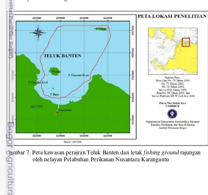 Gambar 7. Peta kawasan perairan Teluk Banten dan letak fishing ground rajungan 