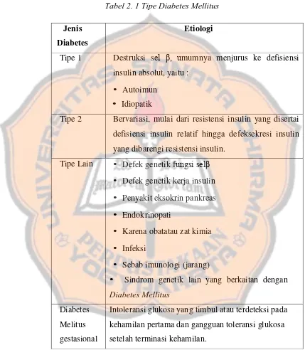 Tabel 2. 1 Tipe Diabetes Mellitus 