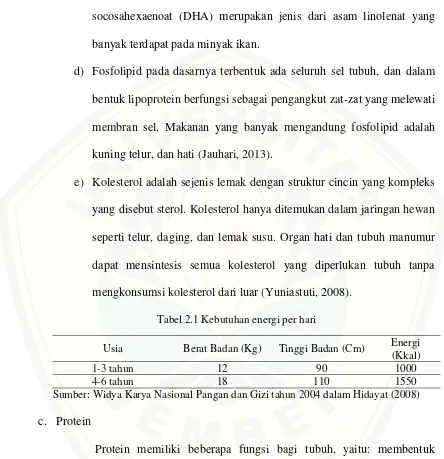 Tabel 2.1 Kebutuhan energi per hari 