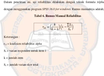 Tabel 6. Rumus Manual Reliabilitas  