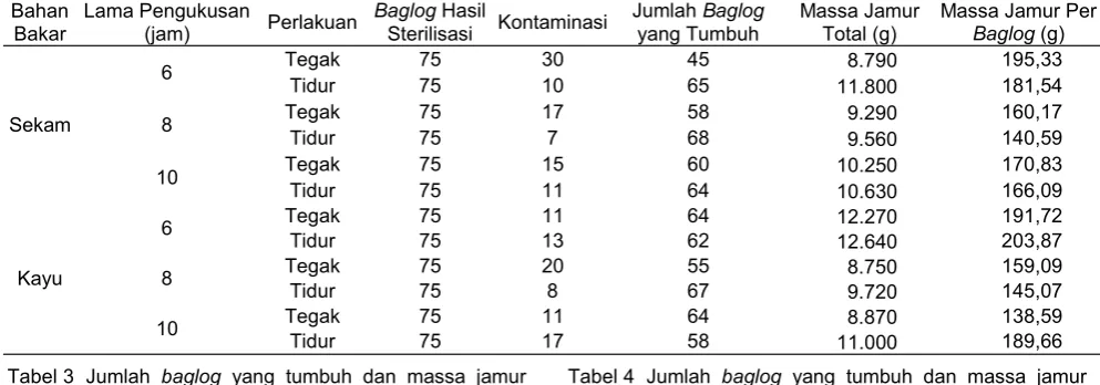 Tabel 3 Jumlah baglog yang tumbuh dan massa jamur 