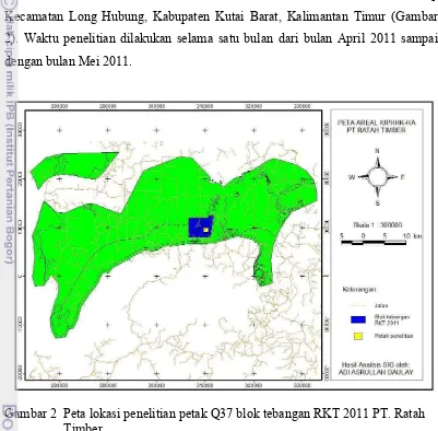 Gambar 2  Peta lokasi penelitian petak Q37 blok tebangan RKT 2011 PT. Ratah  