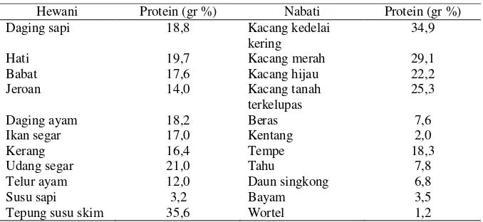Tabel 2.2 Nilai Protein dalam Beberapa Jenis Bahan Makanan 