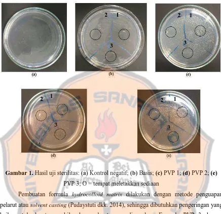 Gambar 1. Hasil uji sterilitas: (a) Kontrol negatif; (b) Basis; (c) PVP 1; (d) PVP 2; (e) 