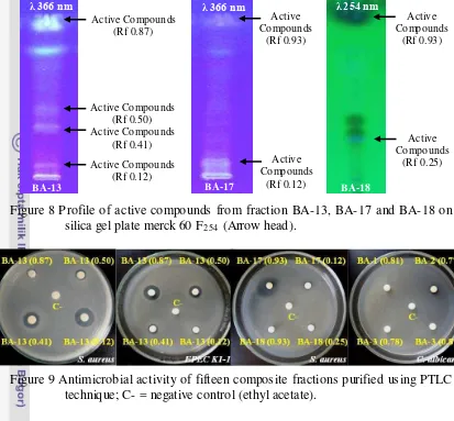 Figure 9 Antimicrobial activity of fifteen composite fractions purified using PTLC 