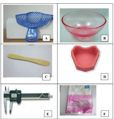 Gambar 7. ( A ) Sendok cetak, ( B ) Rubber bowl, ( C ) Spatula,( D) Rubber base,      ( E ) Kaliper Digital dengan akurasi 0,01 mm,( F ) Alginat 