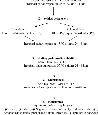 Gambar 1 Diagram alir pengujian Salmonella spp. menurut SNI 2897:2008 (BSN 2008). 