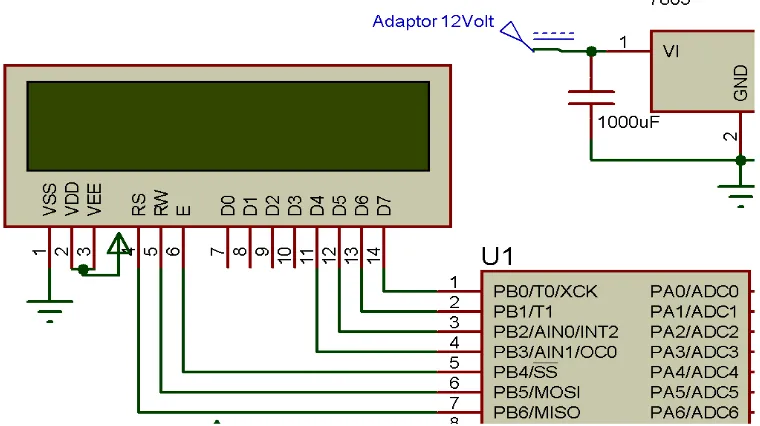 Gambar 3.9 Gambar Rangkaian LCD ke Mikrokontroler 