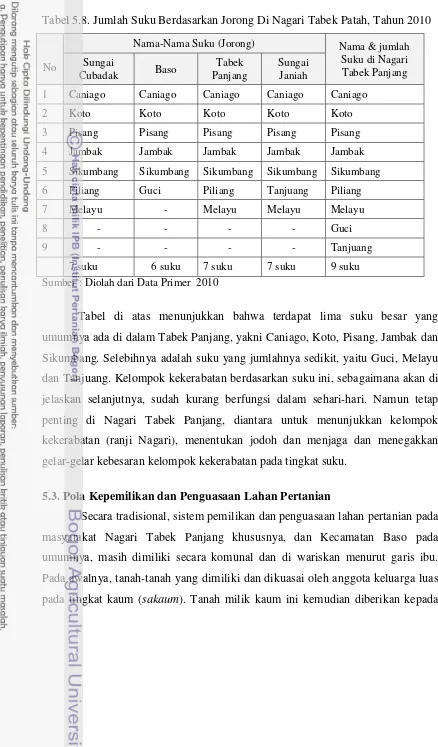 Tabel 5.8. Jumlah Suku Berdasarkan Jorong Di Nagari Tabek Patah, Tahun 2010 
