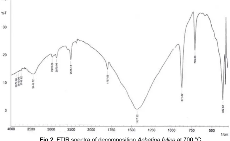 Fig 2. FTIR spectra of decomposition Achatina fulica at 700 °C 