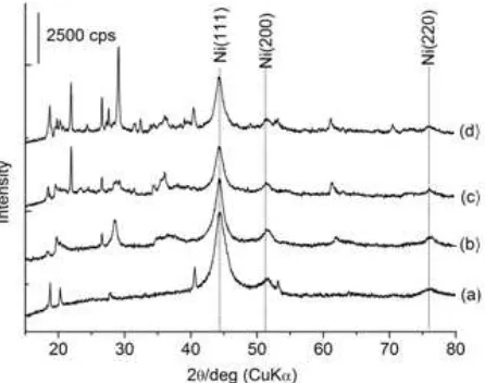 Fig 1. Powder X-ray diffraction (XRD) patterns of fresh Raney Ni-clay composited. (a) Raney Nickel (R-Ni), (b) R-Ni-bentonite (R-Ni/BNT), (c) R-Ni-taeniolite (R-Ni/TN), and (d) R-Ni-hydrotalcite (R-Ni/HTLc) 