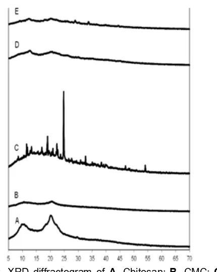 Fig 2. XRD diffractogram of A. Chitosan; B. CMC; C.Pectin; D. Pectin-CMC; E. Pectin-CMC-BADGE