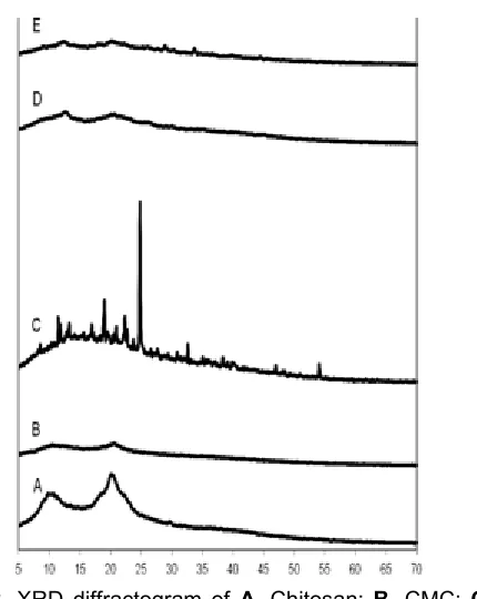 Fig 2. XRD diffractogram of A. Chitosan; B. CMC; C.Pectin; D. Pectin-CMC; E. Pectin-CMC-BADGE