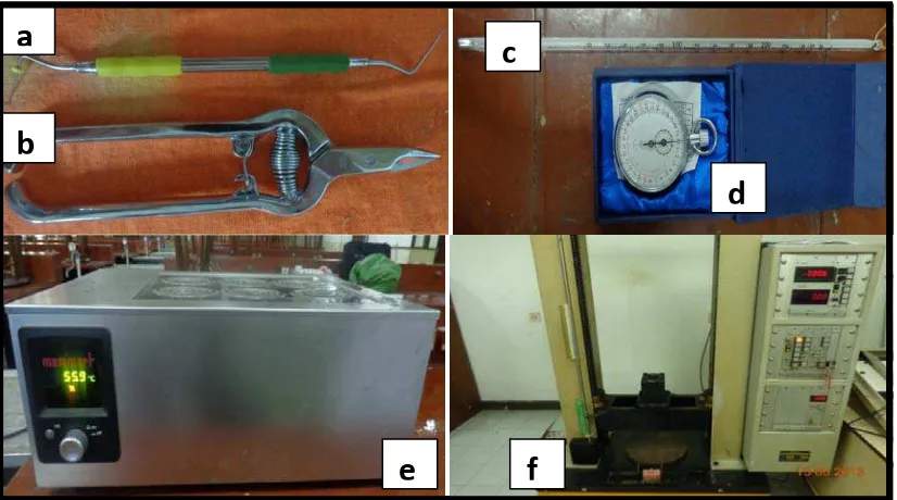 Gambar 8. (a) Spreader hand khusus polyethylene, (b) gunting khusus polyethylene, (c) thermometer, (d) Stopwacth, (e) Water bath, (f) Torsee’s Universal Testing 