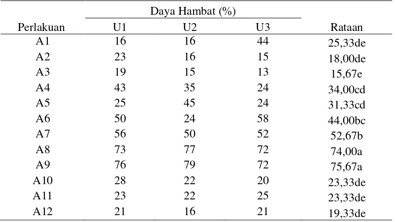 Tabel 2. Daya hambat ekstrak tanaman bangun-bangun terhadap  koloni JAP (R. microporus) 6 HSI(%)  