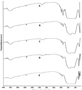 Fig 2. FTIR spectrum of H4[-SiW12O40]/TiO2 under various weight of TiO2 (A: 0.25g; B: 0.50 g; C: 0.75 g; D: 1.00 g; and E: 1.25 g) 