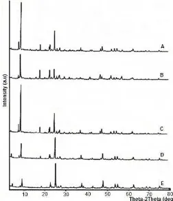 Fig 3. XRD powder pattern of Hvarious weight of TiO4[-SiW12O40]/TiO2 under 2 (A: 0.25 g; B: 0.50 g; C: 0.75 g; D: 1.00 g; and E: 1.25 g) 