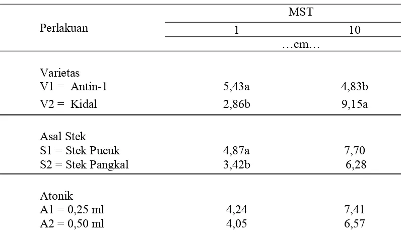 Tabel 3. Rataan pertambahan panjang tanaman 1 MST (cm) dan 10 MST (cm) 