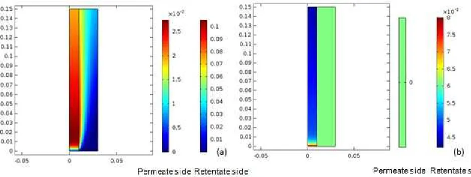 Fig 3. Concentration [mol/m3] distribution of H2 (a) and C3H8 (b) in the Pd-Ag MR
