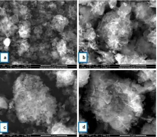 Fig 4. SEM micrographs at 10,000x of (a) ZMC carbon,(b) Ni/ZMC-5, (c) Ni/ZMC-15 and (d) Ni/ZMC-25