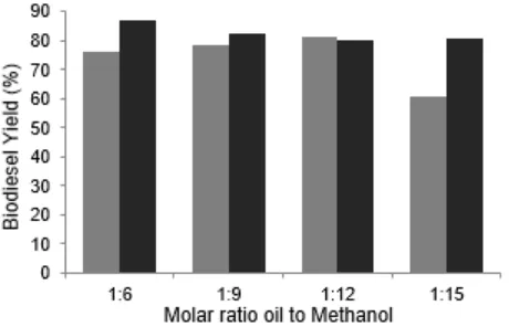 Fig 5. Effect of oil to methanol molar ratio in thetransesterification step on biodiesel yield using CaOcatalyst calcined 10h at 800 °C (□) and 900 °C (■) 