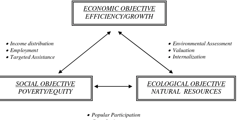 Gambar 3. Hubungan tiga tujuan pembangunan berkelanjutan (Munasinghe, 1993 dalam Sanim, 2003)  