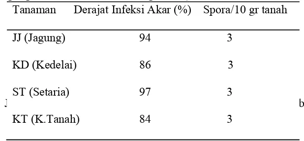 Tabel 1. Hasil Derajat Infeksi Akar (%) dan Spora (gr) pada Tanaman Inang (Jagung, Kedelai, Setaria, Kacang Tanah)  