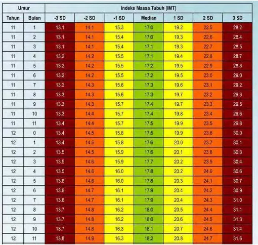 Tabel Standar Indeks Massa Tubuh Menurut Usia (IMT/U) Anak Laki-Laki Usia 6-12 tahun  