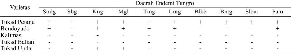 Tabel 4. Reaksi varietas padi terhadap isolat virus tungro dari beberapa daerah endemi di Indonesia dan tingkat virulensi isolat virus