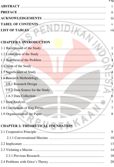 TABEL OF CONTENTS ………………………………………………… 