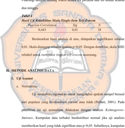 Tabel 4 Hasil Uji Reliabilitas Skala Single-Item Self-Esteem 