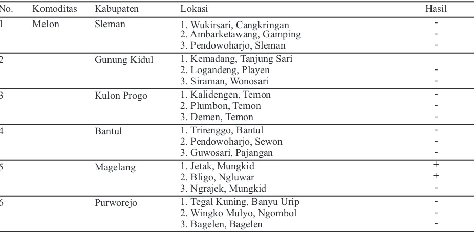 Tabel 1. Hasil deteksi dengan DAS-ELISA sampel melon dari beberapa kabupaten di DIY dan Jawa Tengah