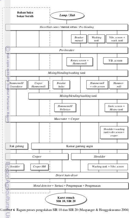 Gambar 6  Ragam proses pengolahan SIR 10 dan SIR 20 (Maspanger & Honggokusumo 2004). 