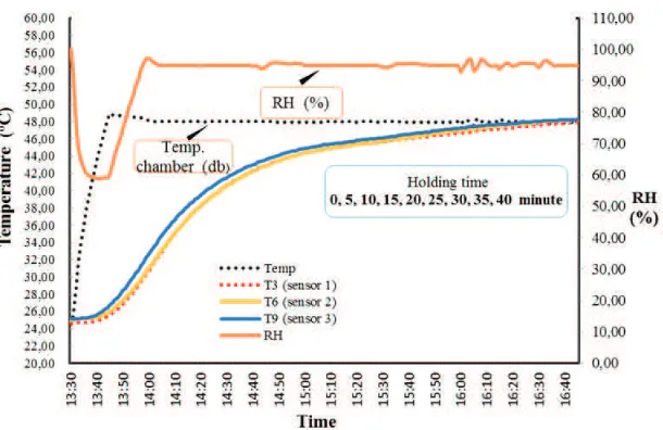 Figure 1.  Changes of fruit core temperatures, chamber air temperature and relative humidity (RH) in VHTchamber during test