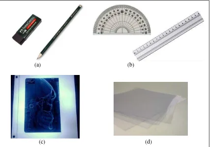 Gambar 14. Alat dan bahan yang digunakan (a) pensil dan penghapus, (b) busur dan penggaris, (c) sefalogram lateral dan tracing box, (d) kertas asetat