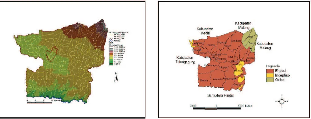 Gambar 1.  Peta Ketinggian (atas) dan Peta Jenis Tanah (bawah) di BlitarGambar 1. Peta Ketinggian (atas) dan Peta Jenis Tanah (bawah) di Blitar 