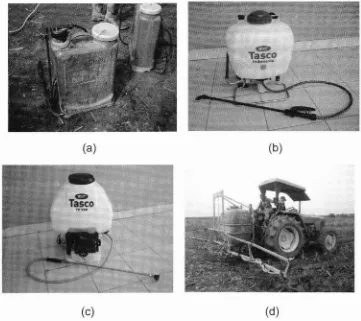 Gambar 1. Sprayer-sprayer yang Digunakan dalam Penelitian Herbiciding Gulma Tebu LahanKering (a) Knapsack Sprayer Tipe I, (b) Knapsack Sprayer Tipe II, (c) Knapsack PowerSprayer, dan (d) Boom Sprayer