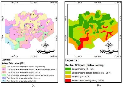 Gambar 1.  Peta Satuan Lahan (a) dan Kelas Lereng (b) Wilayah Penelitian UPT Rantau Pandan SP-1 
