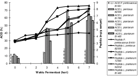 Gambar 2.  Hubungan antara lama fermentasi, konsentrasi peptida dan persentase penghambatan ACE pada “bekasam-like”  product