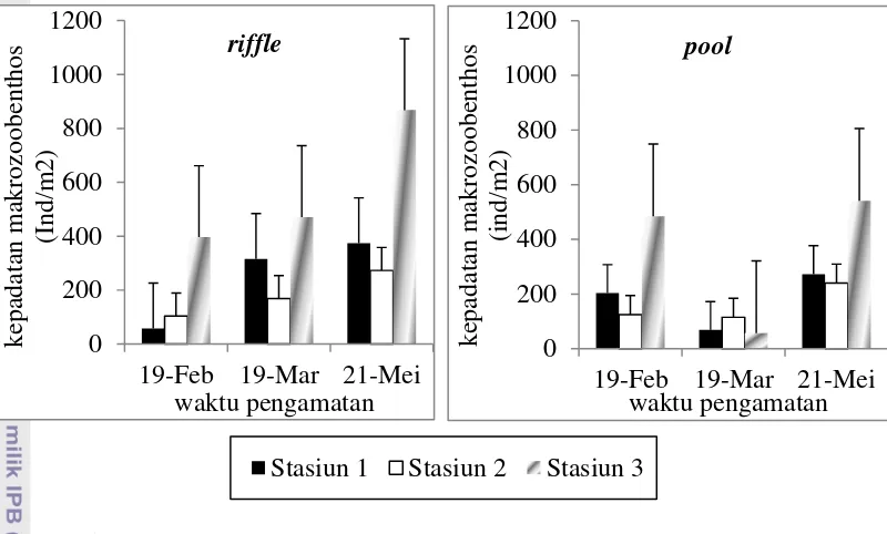 Gambar 6.  Kepadatan makrozoobenthos tiap stasiun di setiap sampling pada bagian 