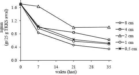 Gambar 6.  Perubahan bobot selulosa pada TKKS selama perlakuan pen-dahuluan oleh P. ﬂ oridanus dengan variasi ukuran potongan.