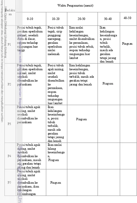 Tabel 5 Tingkah laku ikan nila pada proses perendaman ACP 