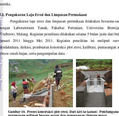 Gambar 10.  Proses konstruksi plot erosi. Dari kiri ke kanan:  Pembangunan penampung sedimen berupa gutter dan pemasangan chinong meter