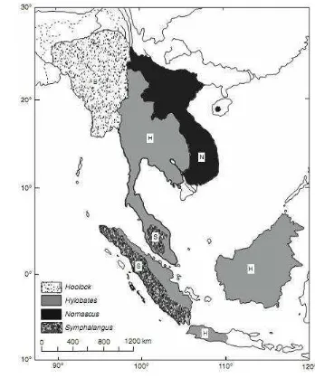 Gambar 1  Peta sebaran Hylobatidae di Asia Tenggara (Geissmann 1995). 